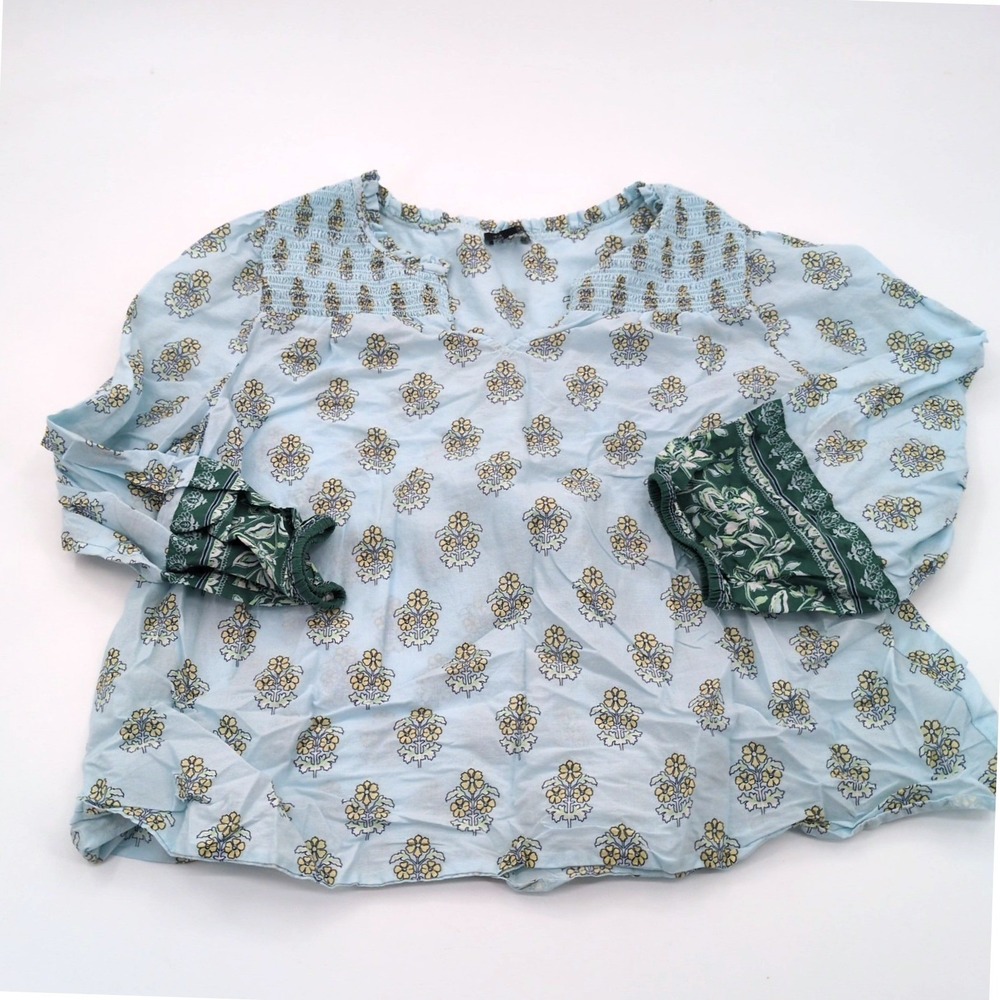 Talbots Peasant Blouse Size L Large Blue Floral Smocked Boho Top Green Cuffs